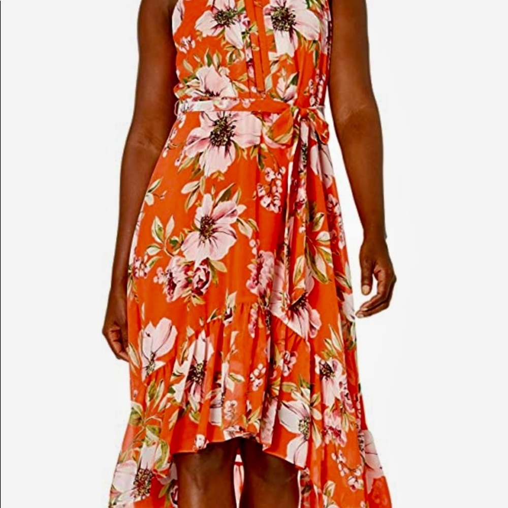 Vince Camuto chiffon halter, high low dress.  Coral.  Size 14.